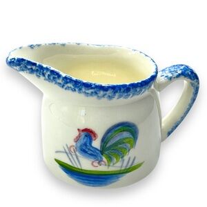 Vintage Hand Painted Blue Stipple Los Angeles Pottery Creamer w/ Rooster Pattern